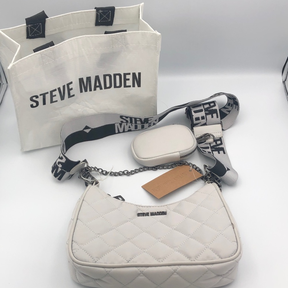 Steve Madden Grey Quilted Shoulder Bag with Seatbelt Strap and Small Pouch